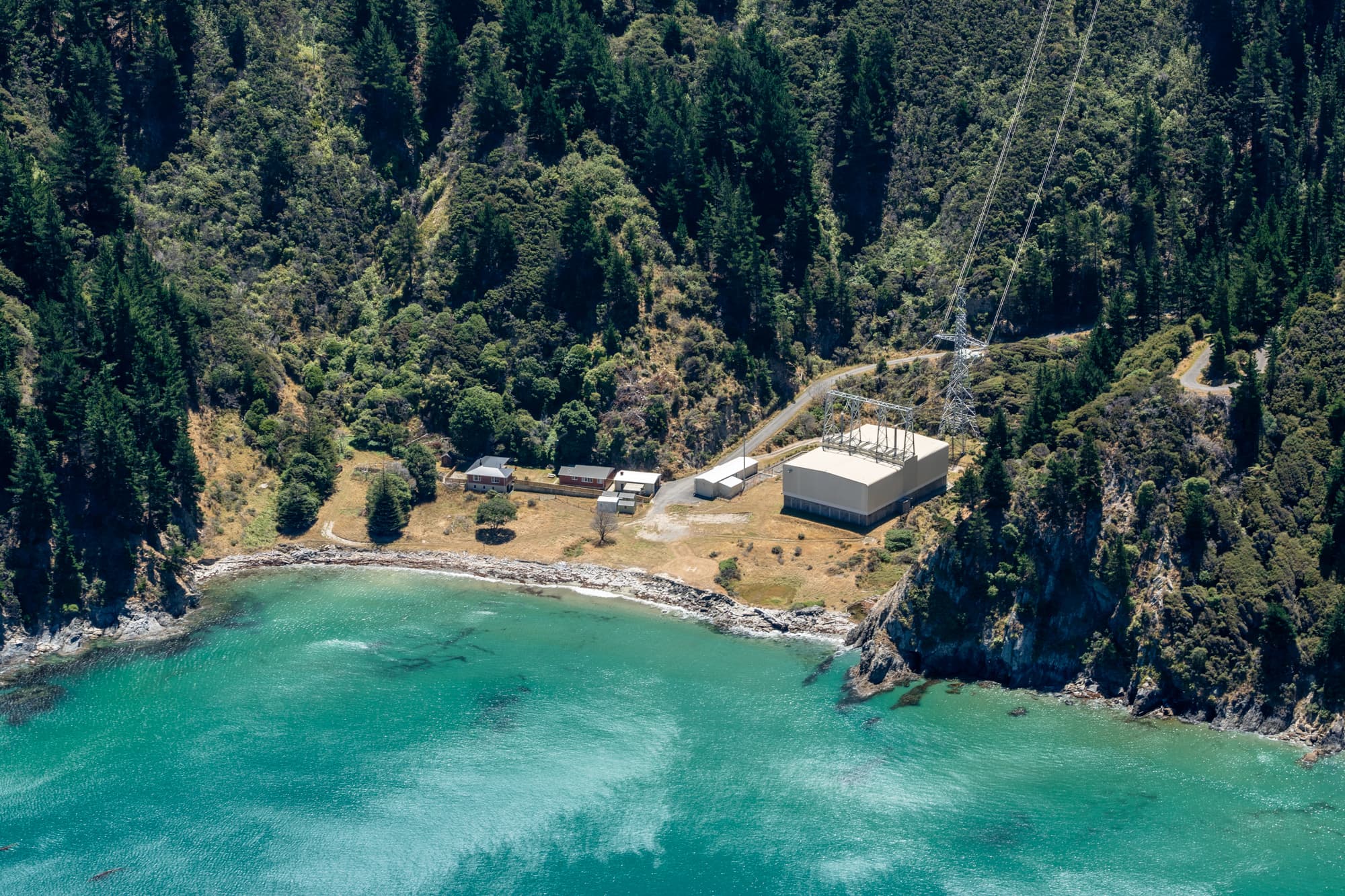 Ōraumoa/Fighting Bay in the South Island, where the HVDC overhead line connects to the undersea cables that cross Cook Strait.